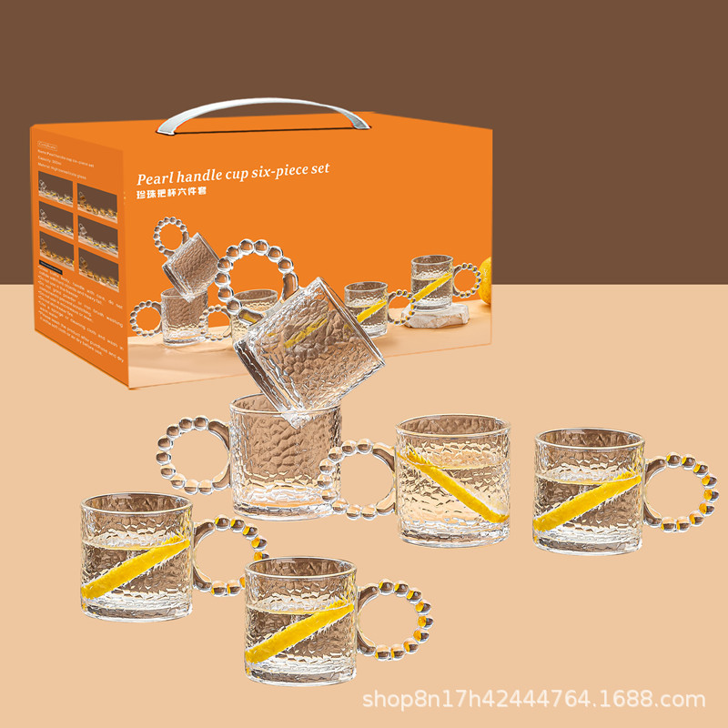Pearl handle cup six-piece set, vertical patterned transparent cup, glass wine glass with handle, vertical patterned amber glass for home use Specification image