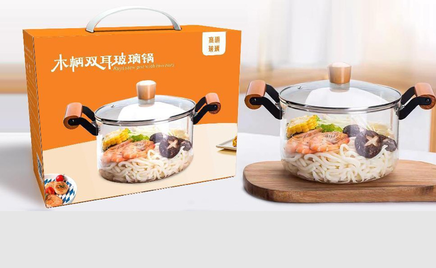 QX wooden handle double-ear glass pot soup pot with lid, large-capacity high borosilicate glass pot, can be stewed on an electric ceramic stove Item Picture