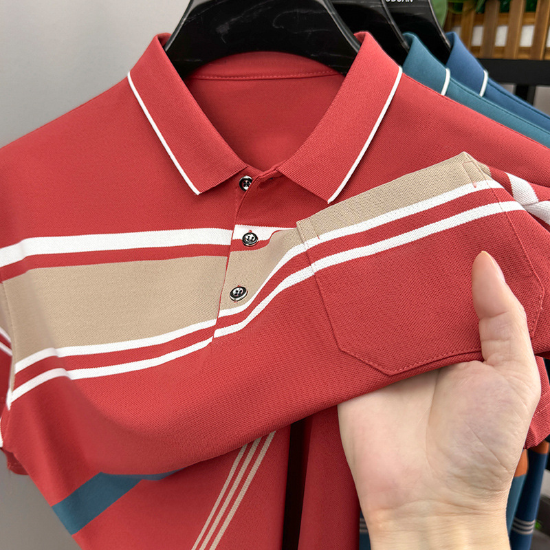 夏季男式短袖翻领POLO衫商务休闲男装上衣拼色条纹T恤衫男爸爸装