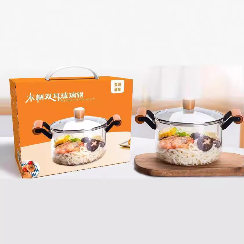 QX wooden handle double-ear glass pot soup pot with lid, large-capacity high borosilicate glass pot, can be stewed on an electric ceramic stove details Picture
