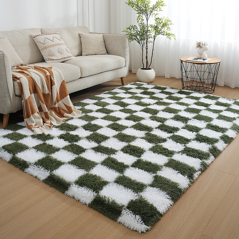 Silk and wool black and white checkered checkerboard carpet, living room coffee table, bedroom bedside blanket, sofa floor mat, factory direct sales