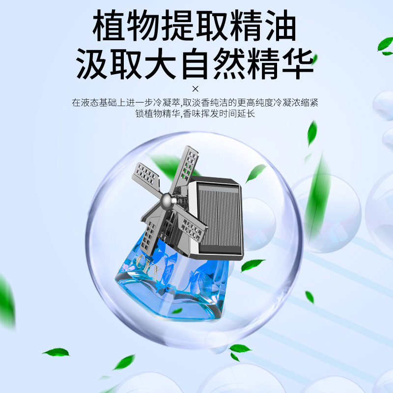 Solar-powered rotating car aroma diffuser, car aroma diffuser ornament, power windmill leaf movement, creative deodorizing car perfume details Picture