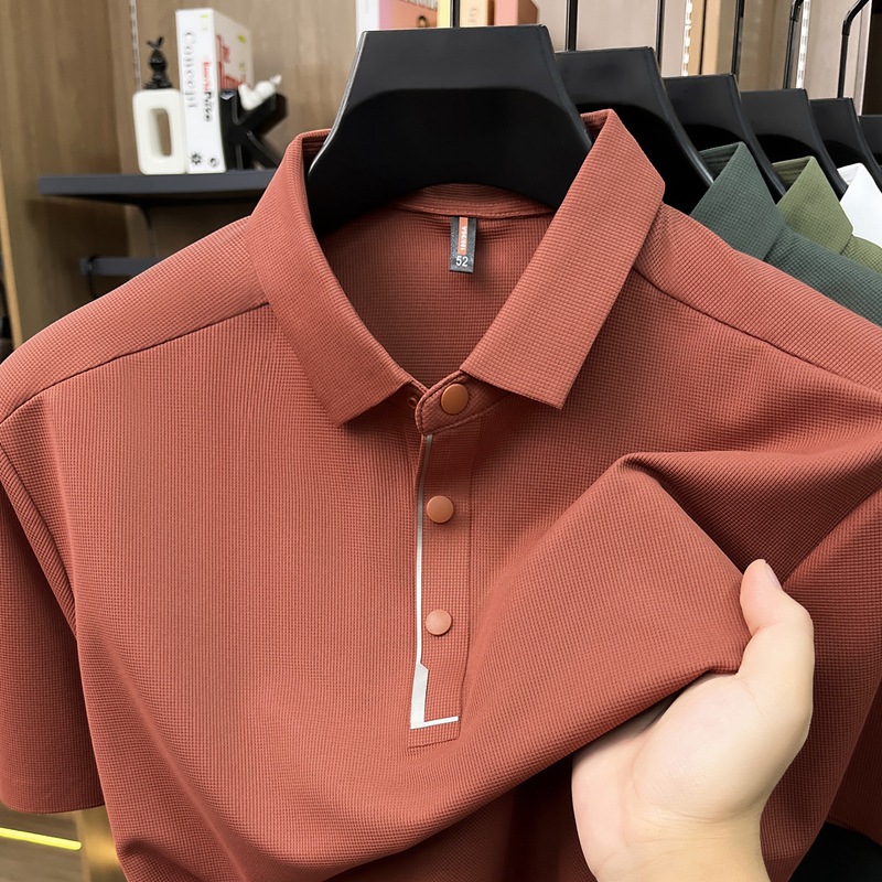Summer men's short-sleeved lapel seamless POLO shirt, casual men's top, high-quality four-button T-shirt for men Specification image