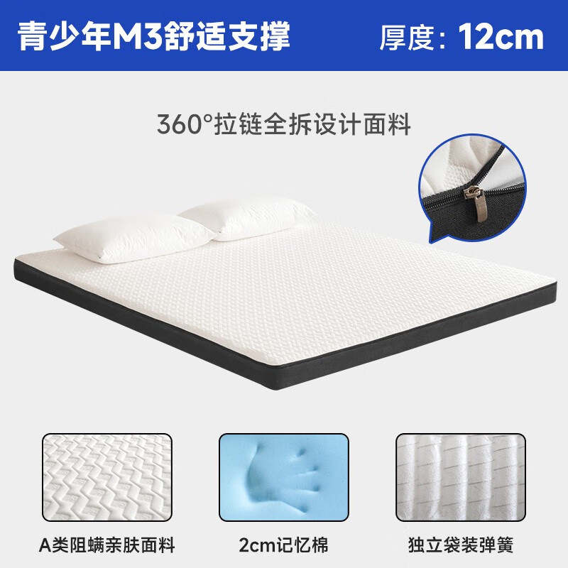 The mattress is in a blue memory foam box with independent springs. It is environmentally friendly and reinforced for teenagers, with a thickness of 15cm Specification image