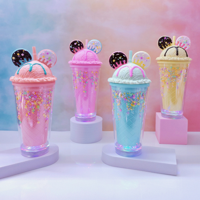 跨境厂家直供双层塑料吸管杯时尚创意饼干杯手工塑料吸管杯