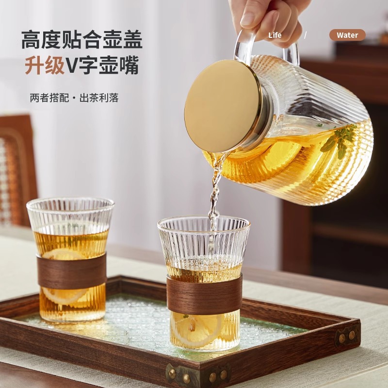 高硼硅玻璃凉水壶家用大容量泡茶壶套装轻奢风竖条纹冷水壶喝水杯