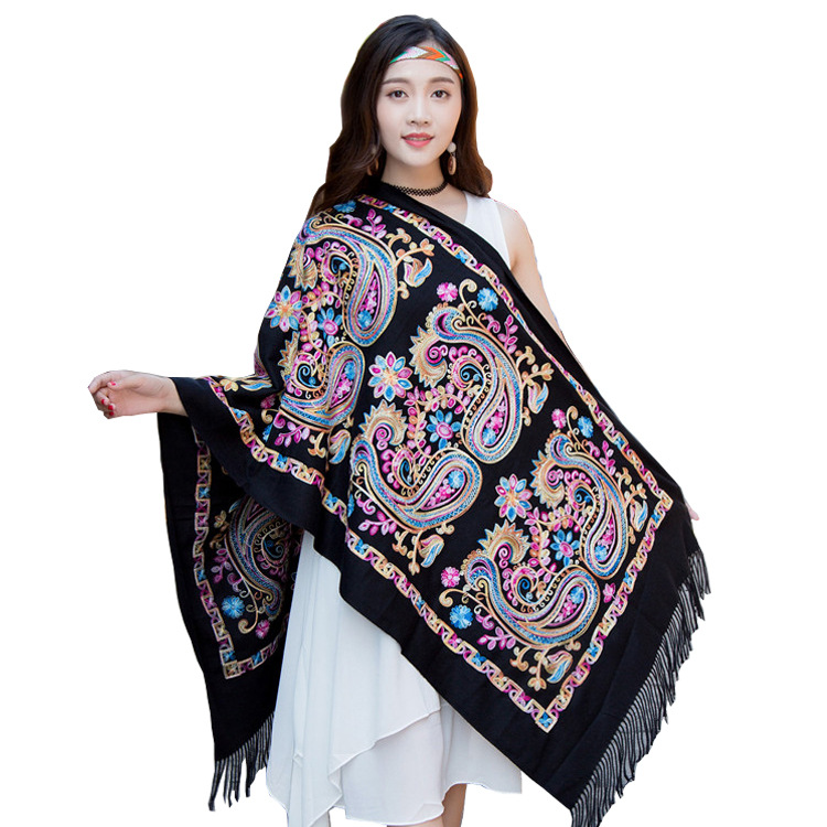 Wholesale of 2021 Autumn/Winter new embroidered imitation cashmere scarf, women's ethnic style shawl, warm tassel cashmere scarf Application Scenario