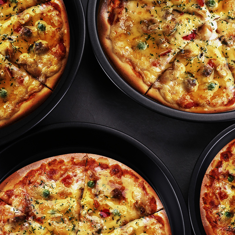 Factory direct sales of 6-14 inch non-stick pizza trays, black carbon steel pizza molds, baking pizza trays, baking molds
