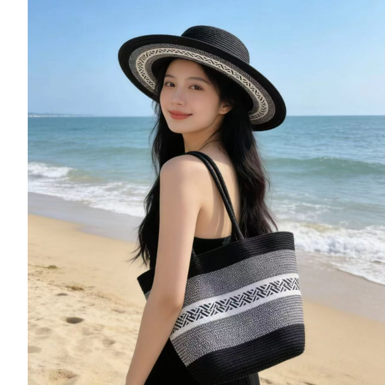 A new cross-border bestseller for women's summer straw-woven beach bag and beach hat set, two-piece set, striped wide-brimmed straw hat, single-shoulder tote bag, urban style, casual vacation, foldable women's bag, straw-woven artistic beach photo shoot details Picture