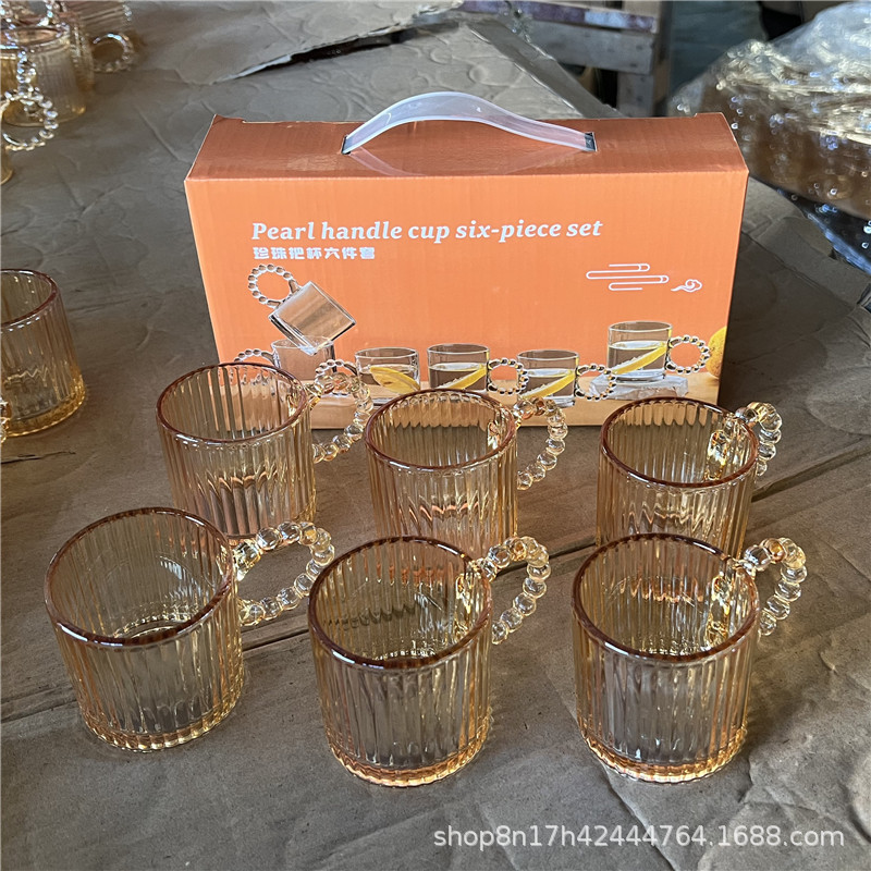 Pearl handle cup six-piece set, vertical patterned transparent cup, glass wine glass with handle, vertical patterned amber glass for home use details Picture