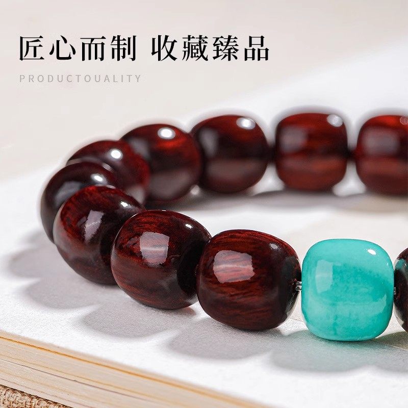 天然小叶紫檀木质老型珠手串蜜蜡玉石顶珠男女情侣款国潮佛珠手链详情图2