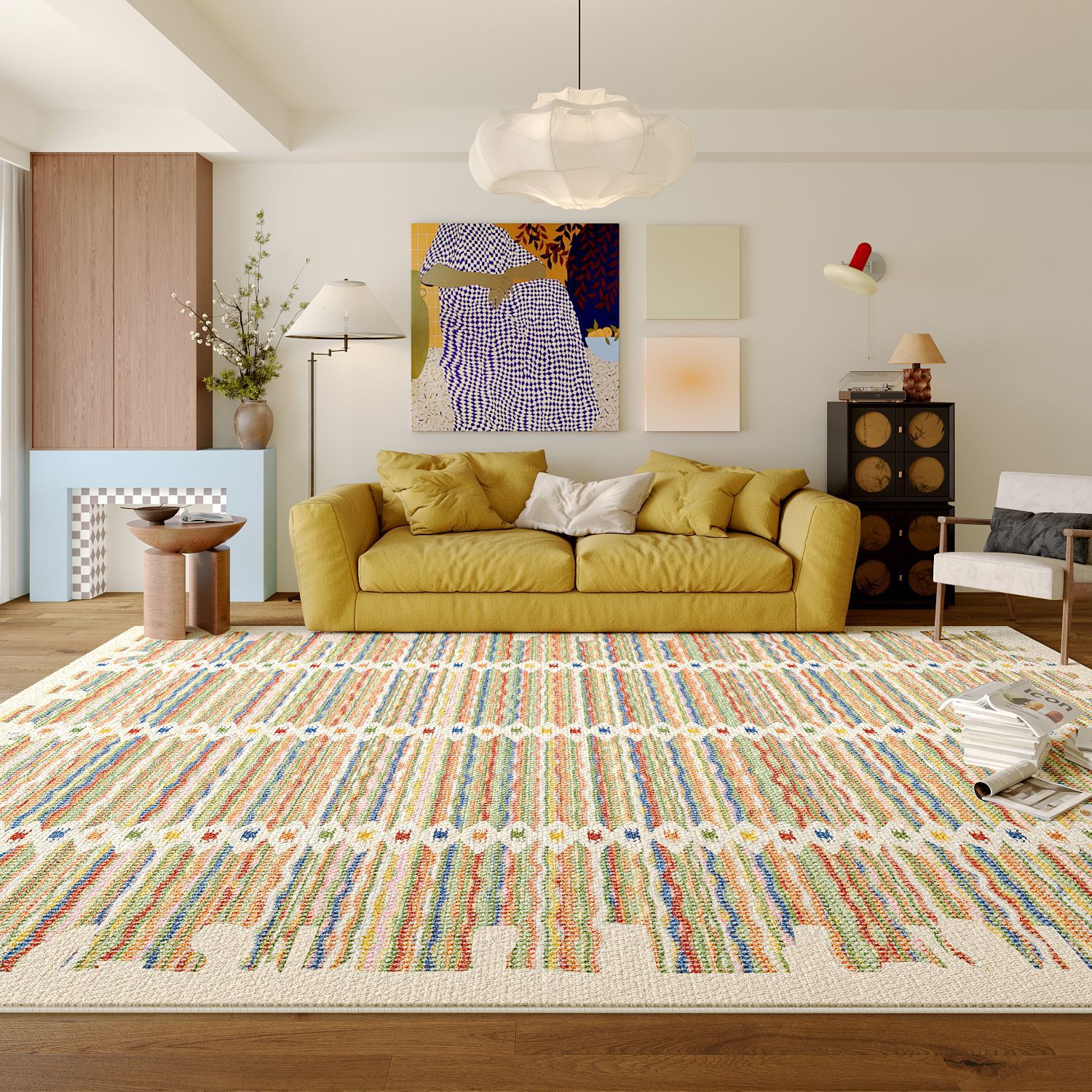 Carpeted living room, Moroccan-style decorative sofa, coffee table, circle velvet carpet, three-proof and no-wash home bedroom, bedside blanket