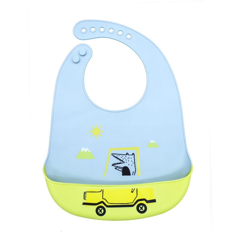宝宝吃饭硅胶围兜防水儿童口水围嘴防脏喂饭硅胶卡通交通工具饭兜细节图