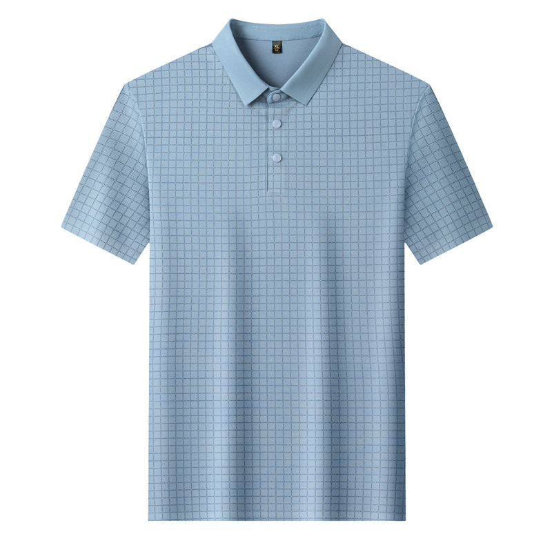 Middle-aged and elderly men's seamless short-sleeved T-shirt, casual and fashionable lapel half-sleeved top, checked polo shirt, dad's summer outfit Application Scenario