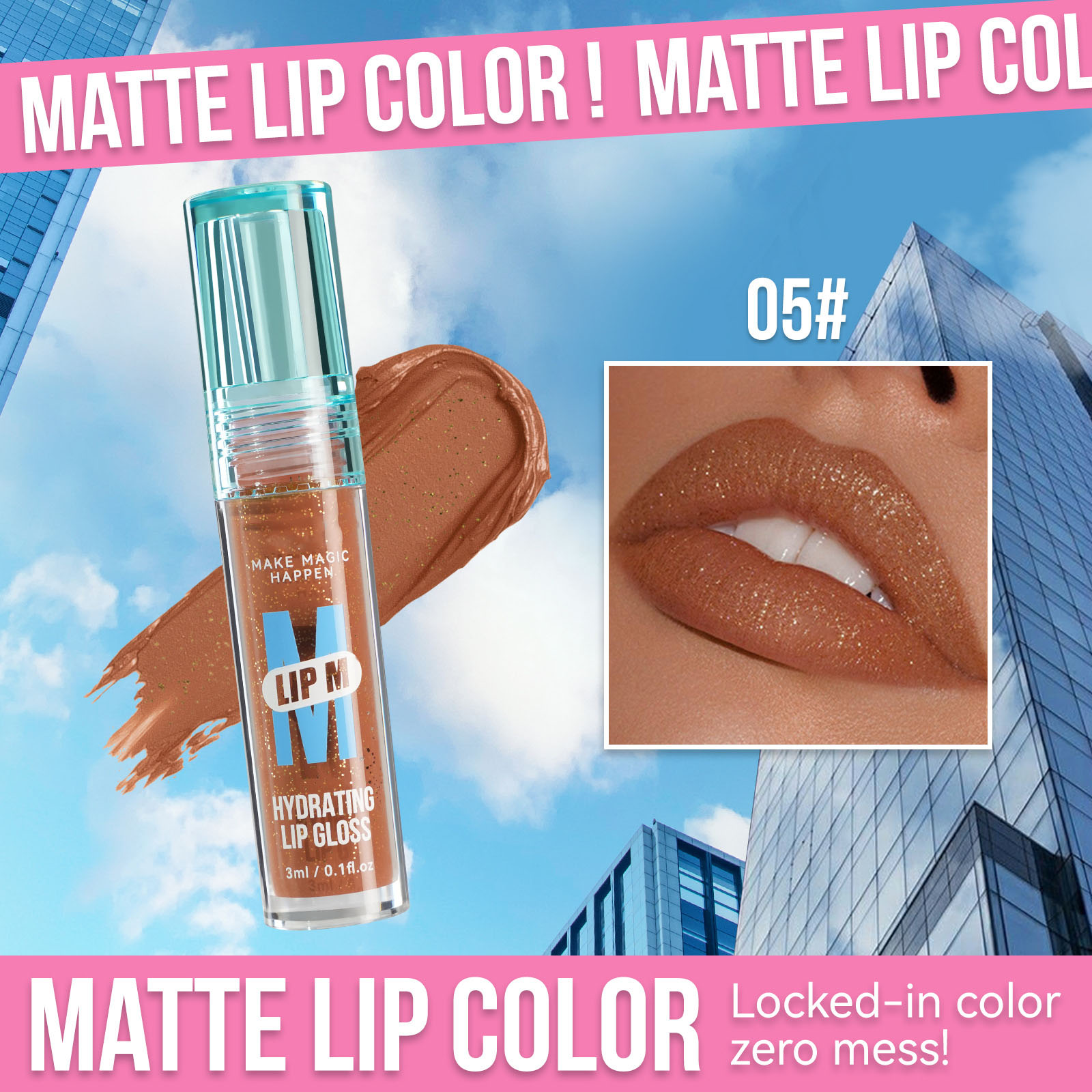 The small blue bottle, non-stick cup, transparent glitter lip gloss, sexy nude color, six-color pearlescent, waterproof and long-lasting film formation full image
