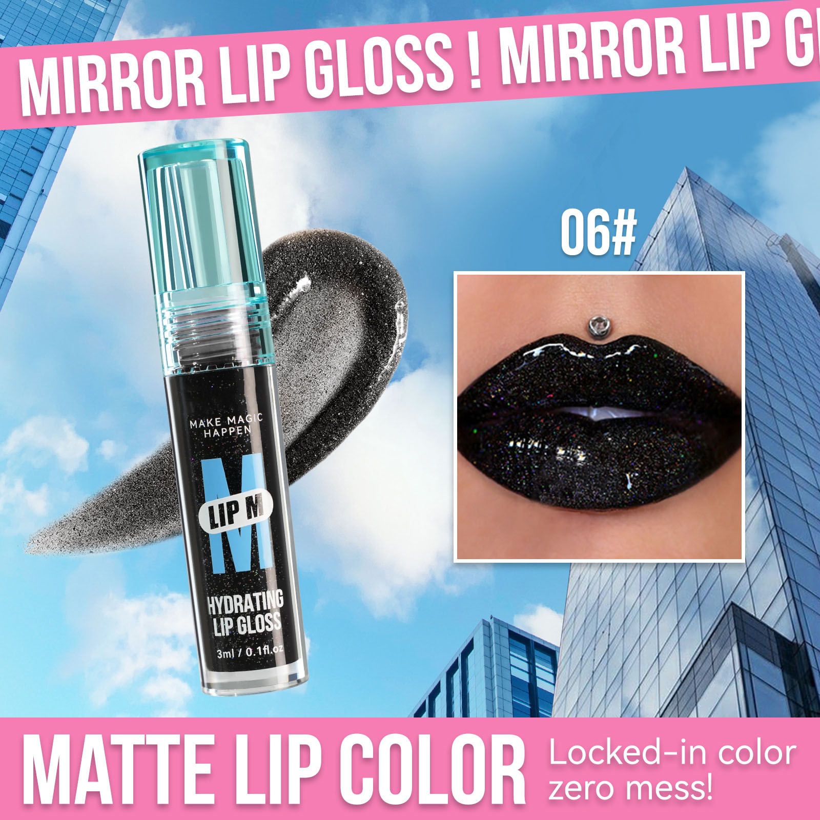 The small blue bottle, non-stick cup, transparent glitter lip gloss, sexy nude color, six-color pearlescent, waterproof and long-lasting film formation details Picture