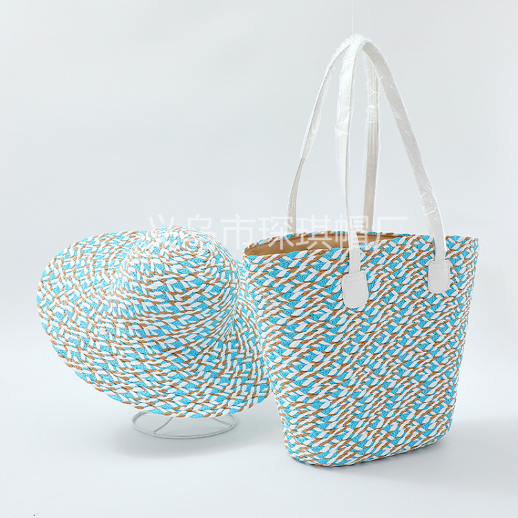 New cross-border women's large-capacity straw woven bag, straw hat, two-piece set, beach hat, beach bag, fashionable women's tote bag, foreign trade hat, women's straw woven beach Item Picture