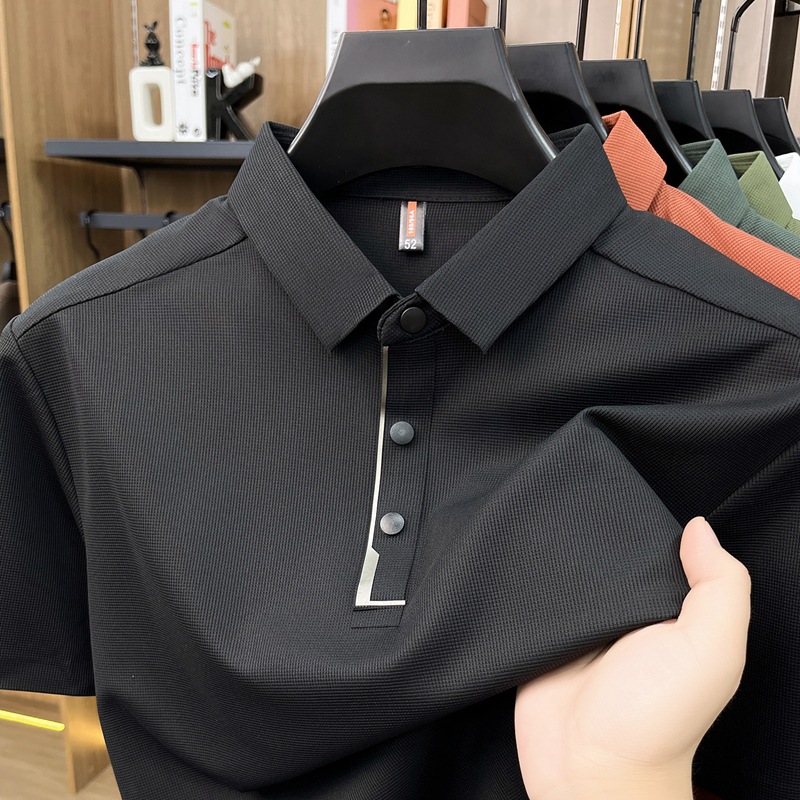 Summer men's short-sleeved lapel seamless POLO shirt, casual men's top, high-quality four-button T-shirt for men details Picture
