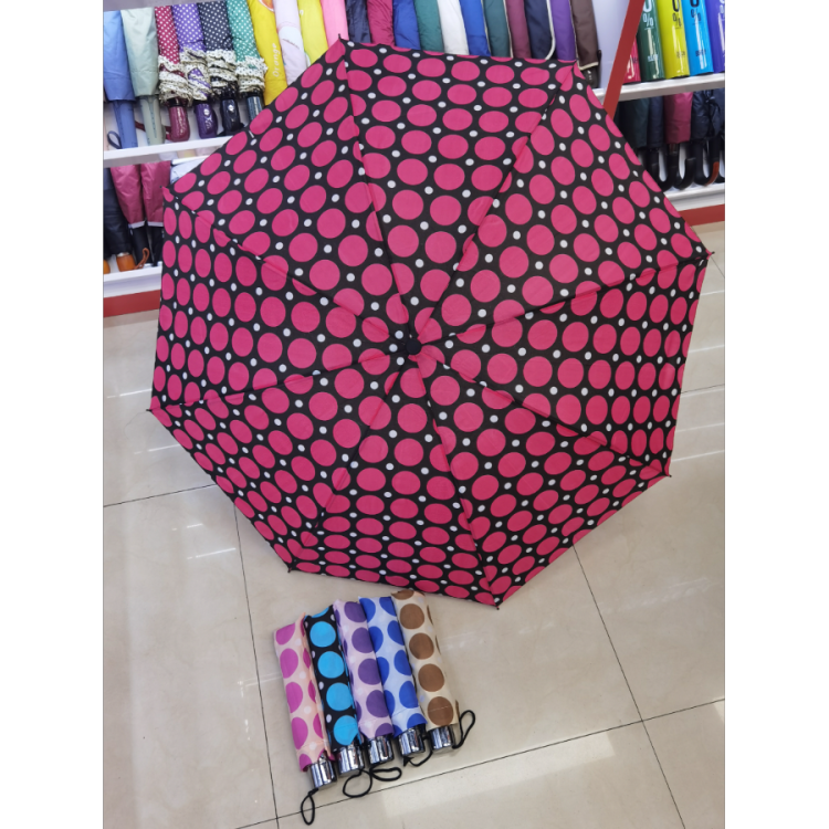 Three-fold hand-opening folding umbrella, impact-resistant fabric, all-weather and all-weather women's umbrella, full-plate printed small dot export umbrella Specification image