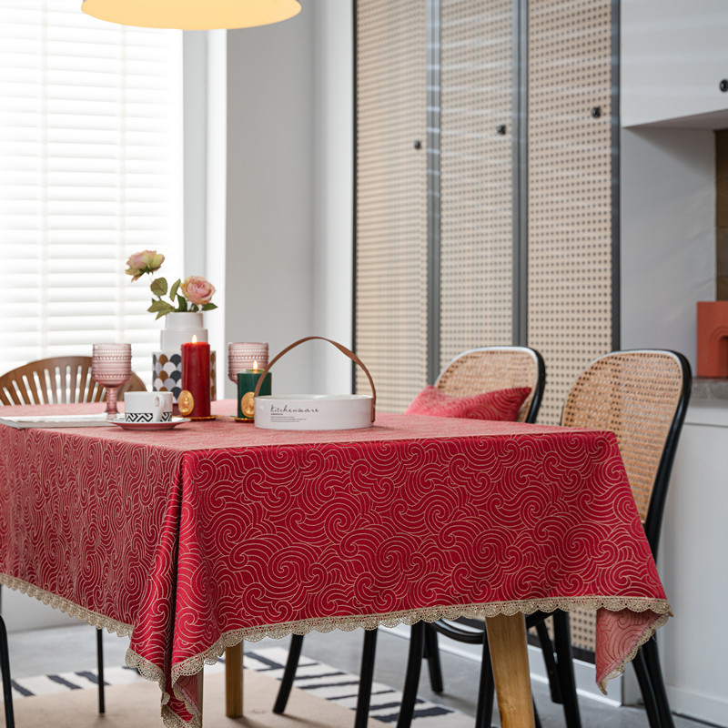 结婚庆新年喜庆提花羽毛树叶金色花边桌布茶几餐桌布盖巾防水代发