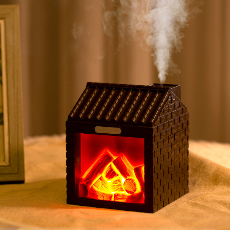Charcoal House USB Humidifier simulates charcoal fire with two spray Settings, desktop fireplace, creative led ambient light, aromatherapy humidifier