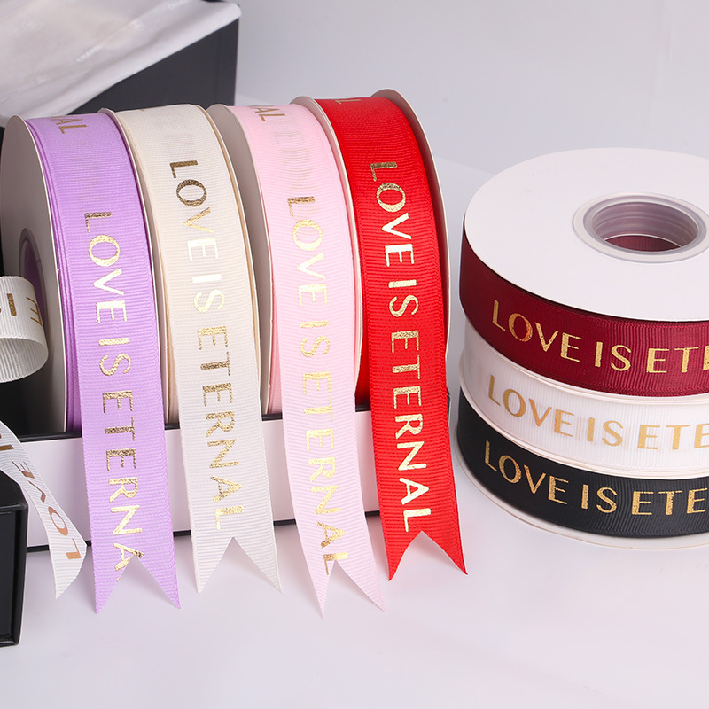Factory wholesale of love gold-embossed ribbed ribbon bouquets, packaging ribbons, cake baking, packaging, binding ropes and webbing