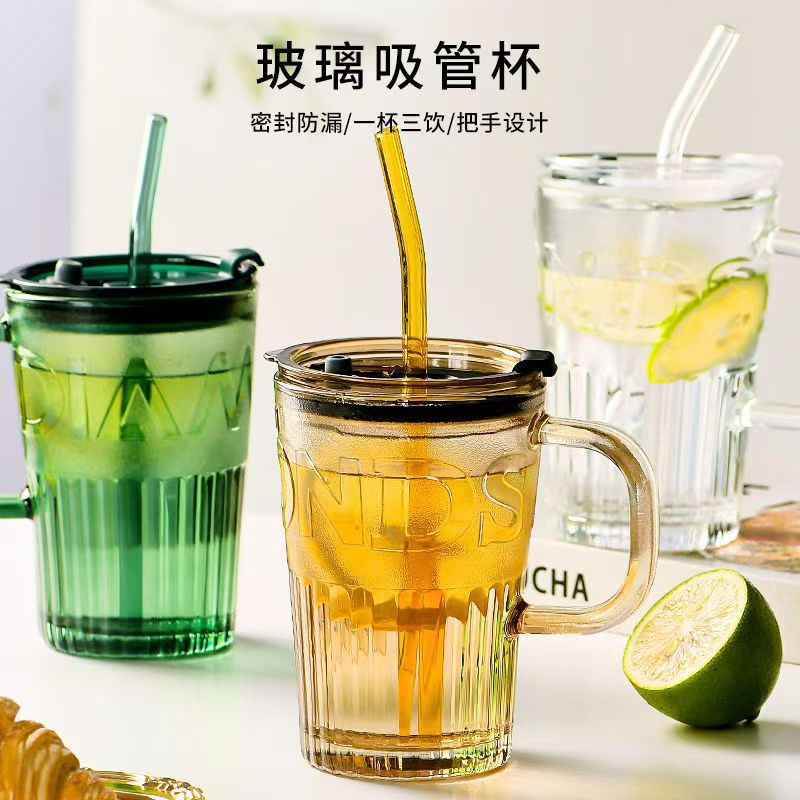 Glass cup, popular straw cup, glass cup, girls' drinking cup with handle, high-temperature resistant, high appearance level gift cup Specification image