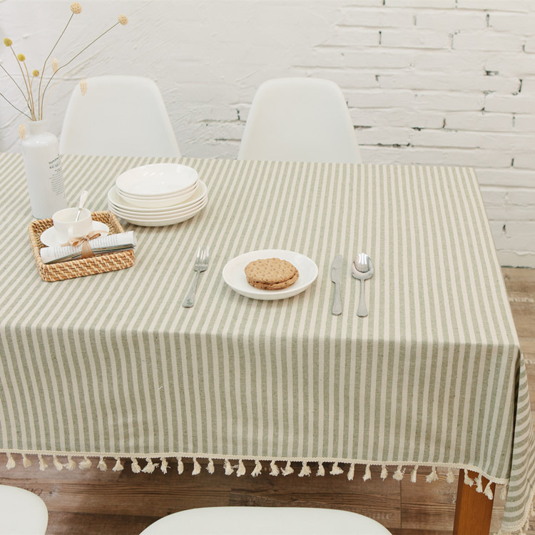 Japanese-style polyester-cotton simple striped plain tassel lace colored woven rectangular tablecloth, coffee table and tablecloth factory wholesale Item Picture
