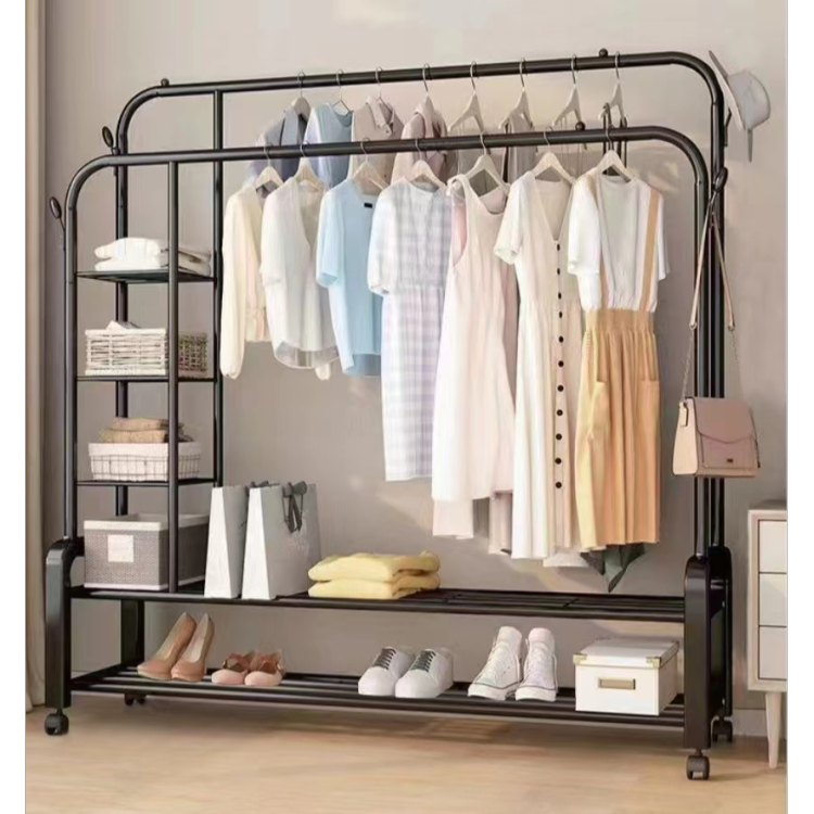 Thickened clothing storage, balcony floor-standing household storage rack, coat rack, indoor hanging clothes drying rack, simple double-pole type