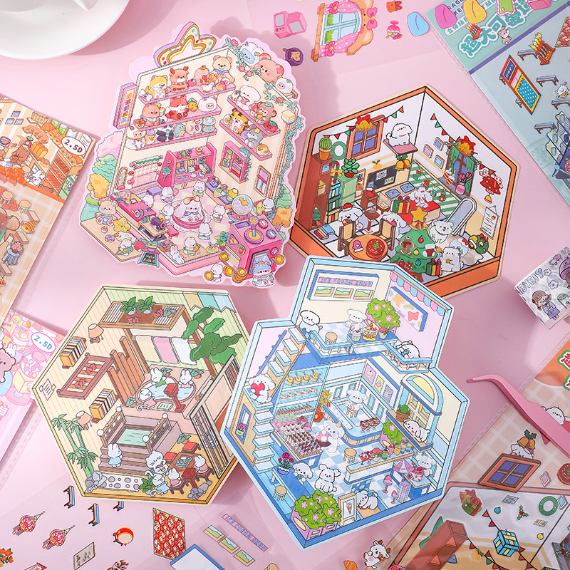 新品3D造景贴纸大号PLUS小红书同款韩系解压免小熊剪趣味微缩小屋