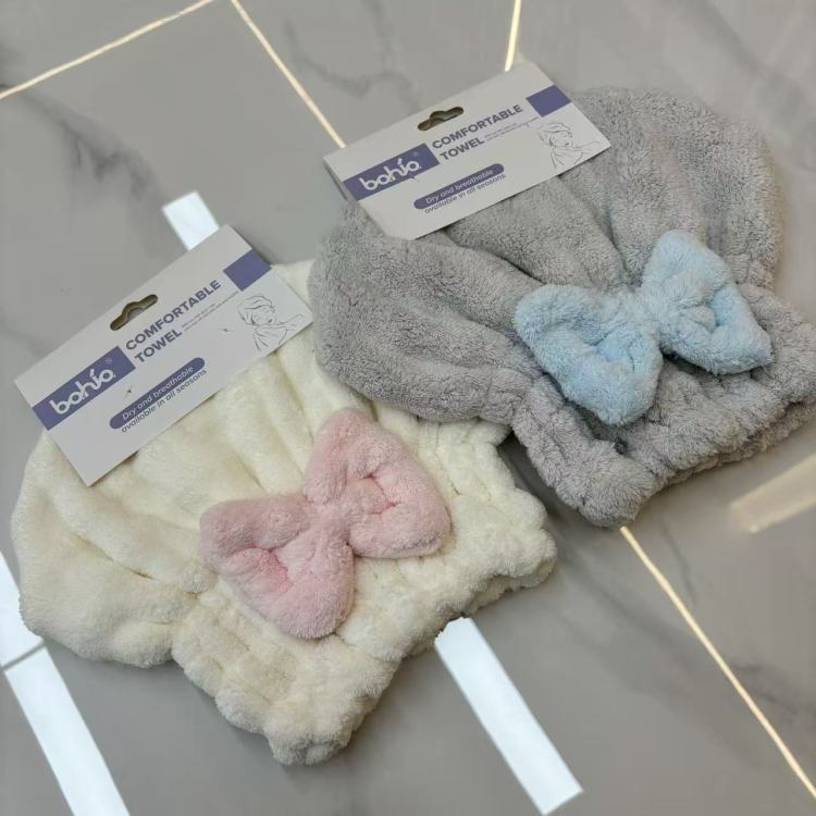 320gsm泡泡绒浴帽 纯色带蝴蝶结公主帽 洗头擦头干发帽产品图