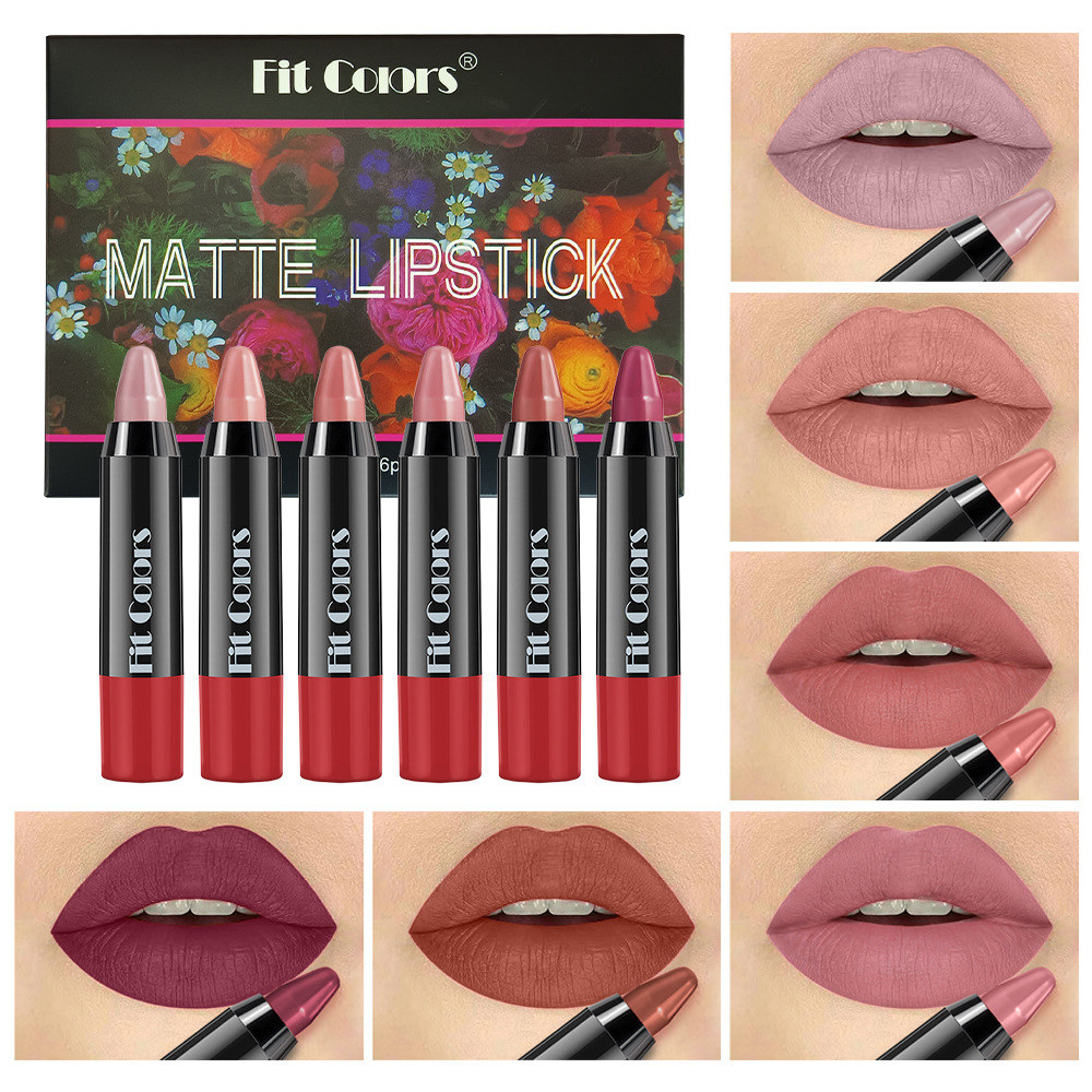 Fit Colors 6-color velvet matte crayon lipstick set, long-lasting non-stick cup, moisturizing lipstick, cross-border makeup Item Picture