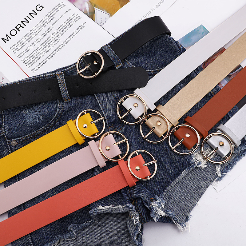 Factory wholesale round buckle belt for women, simple Hong Kong-style PU leather wide Harajuku retro round pin buckle small belt, trendy for girls details Picture