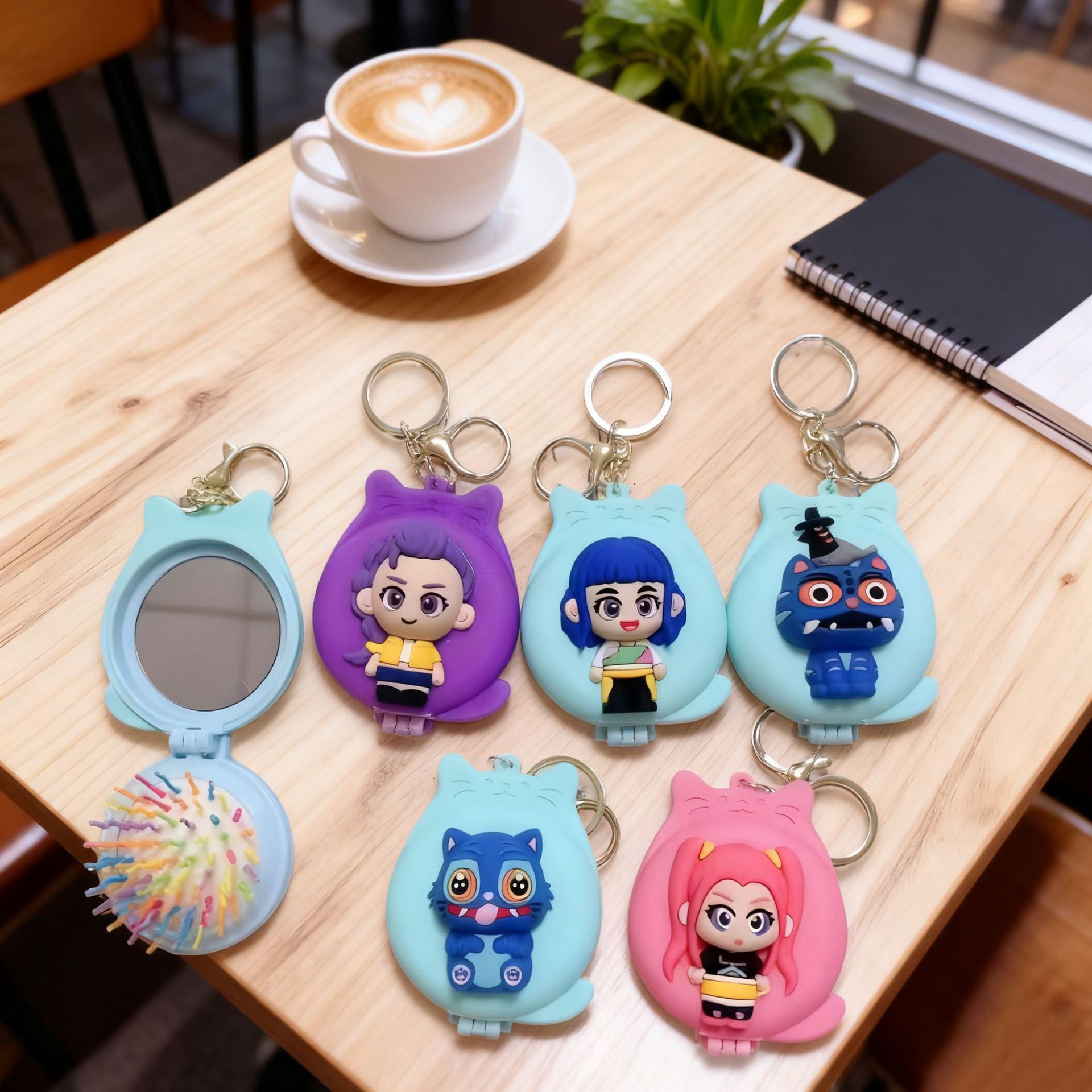 跨境新品KPOP猎魔女团宠物老虎女孩折叠梳妆镜挂件硅胶可爱钥匙扣