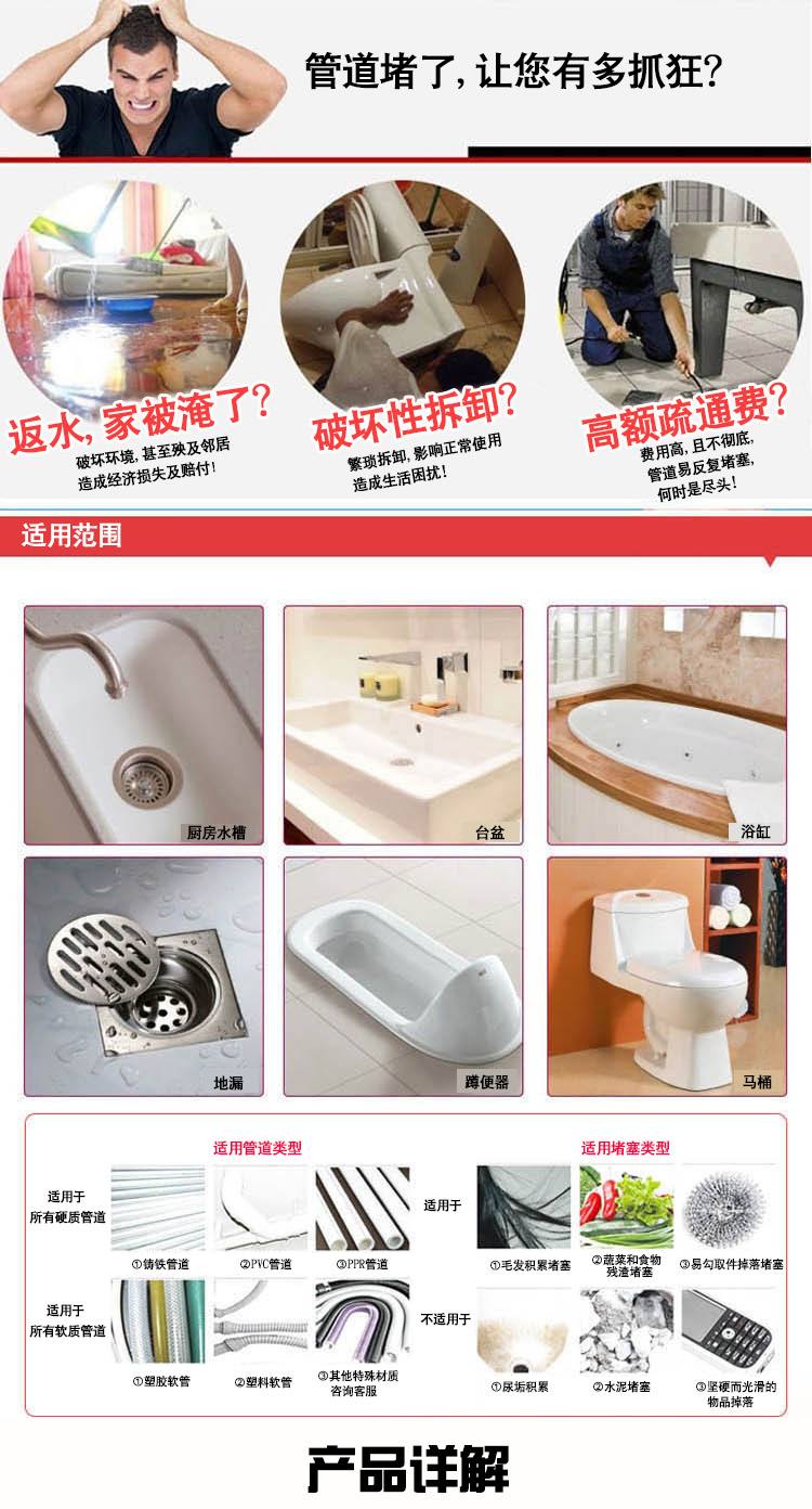 家用马桶疏通器一炮通厕所厨房卫生间堵塞管道疏通下水道工具详情9