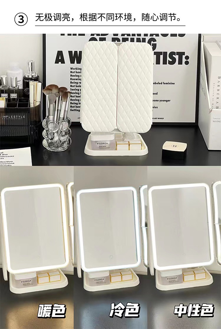 Foldable shell makeup and beauty mirror, table-style home desktop, led light strip, intelligent supplementary lighting, dressing mirror, touch control to open pic 7