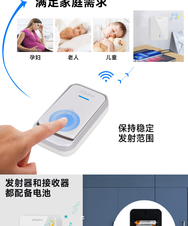 新款无线门铃跨境批发家用远距离智能门铃DC直流电池音乐门铃详情5