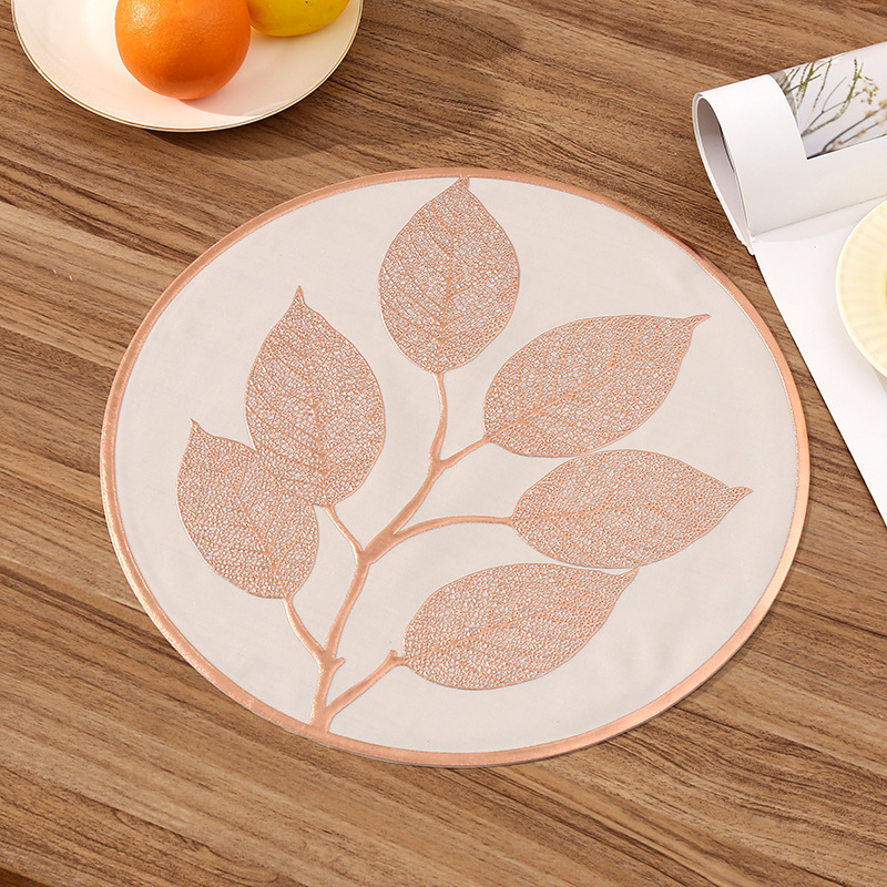 Amazon European-style round PVC placemats, creative leaf light luxury restaurant heat insulation pads, heat-resistant high-end Western placemats pic 7