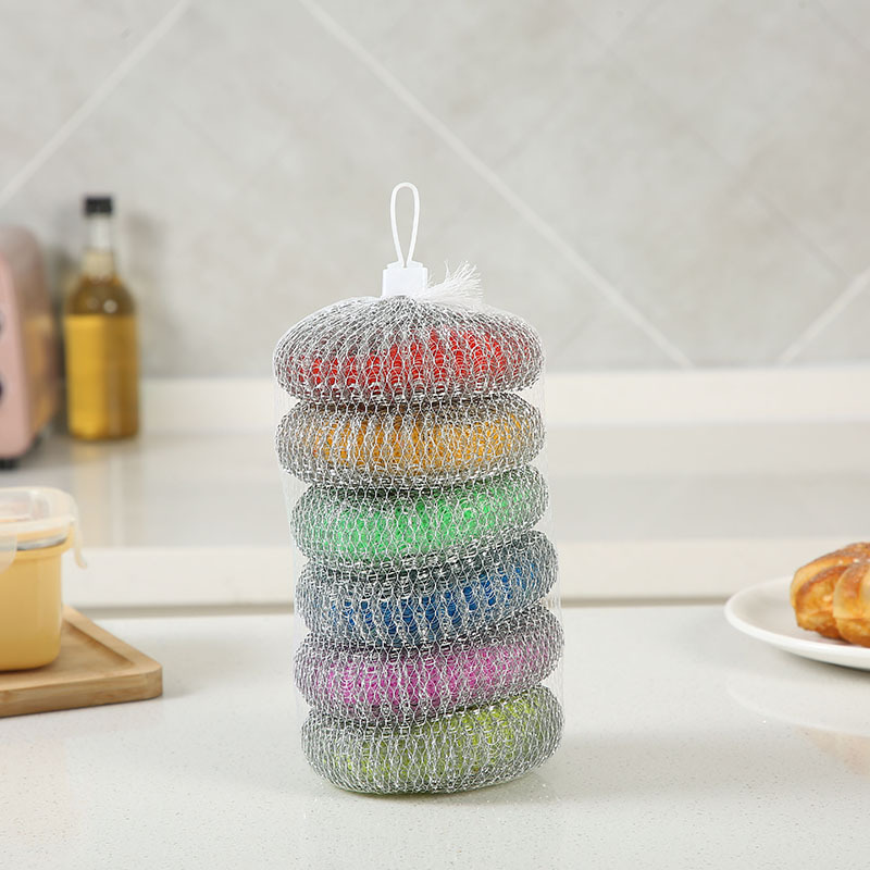 Galvanized woven cleaning tennis balls, color disposable decontamination, iron-coated plastic steel wool balls, dishwashing and pot scrubbing, knitted cleaner pic 5