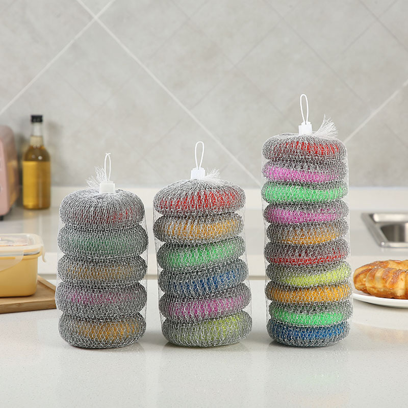 Galvanized woven cleaning tennis balls, color disposable decontamination, iron-coated plastic steel wool balls, dishwashing and pot scrubbing, knitted cleaner pic 4