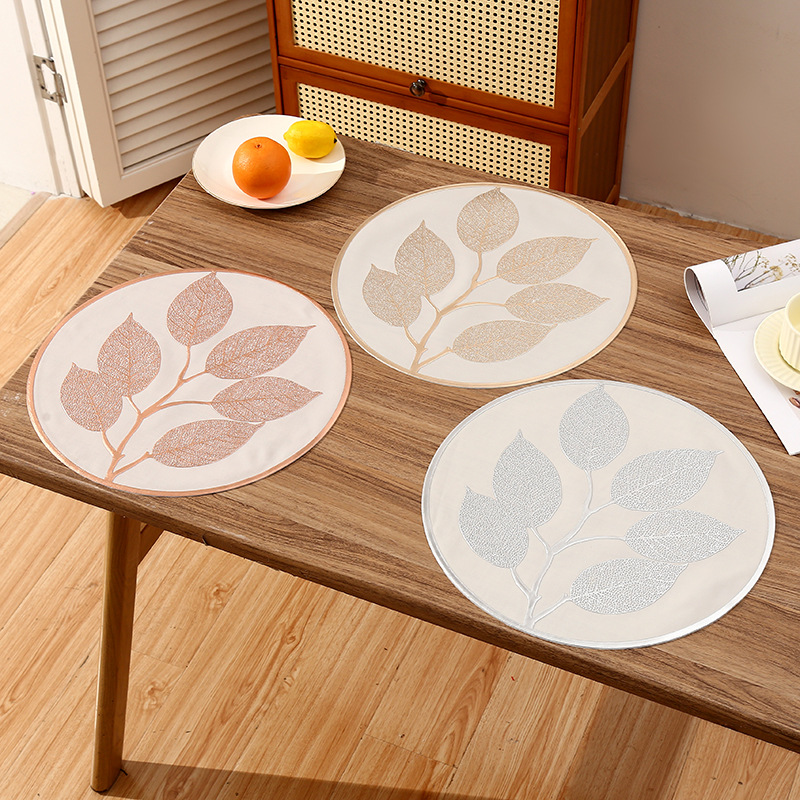 Amazon European-style round PVC placemats, creative leaf light luxury restaurant heat insulation pads, heat-resistant high-end Western placemats pic 4