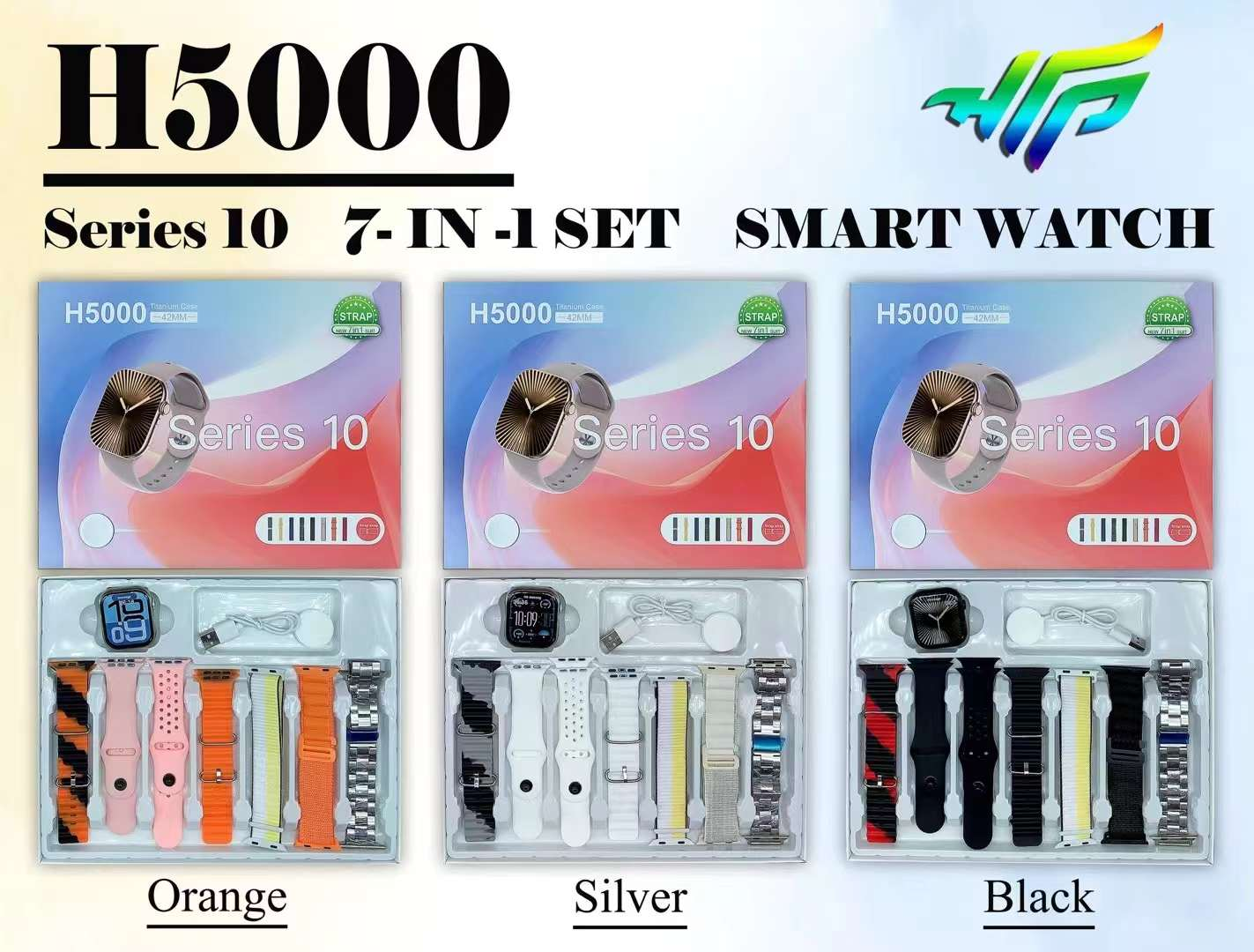 H5000 Business 10th Generation 7in1 Black, Silver and Orange Wireless Charging Bluetooth Watch Multi-Wristband Set pic 1