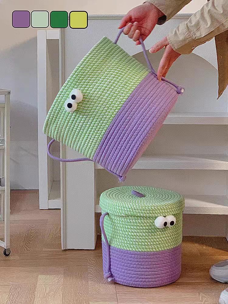 卡通圆形布艺收纳桶玩具桌面收纳筐编织带盖零食储物盒大眼小怪兽详情4