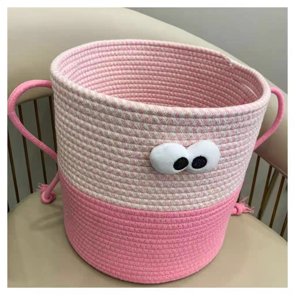 卡通圆形布艺收纳桶玩具桌面收纳筐编织带盖零食储物盒大眼小怪兽详情8