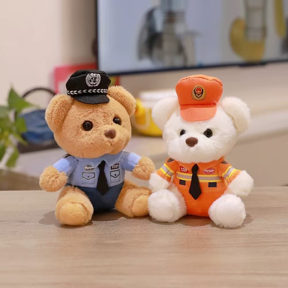Cute and adorable traffic police bear pendant, plush toy doll, fire police bag, pendant, keychain doll details Picture