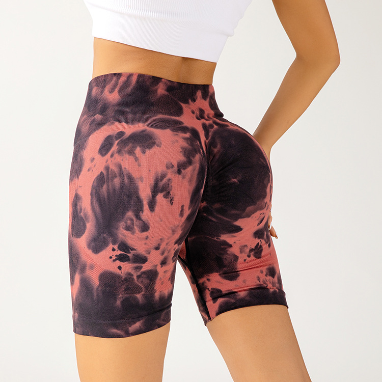 New cross-border tie-dye fitness pants for slimming the belly and lifting the buttocks, sexy high-elastic high-waisted yoga pants, drop-dyed hand-painted shorts for women details Picture