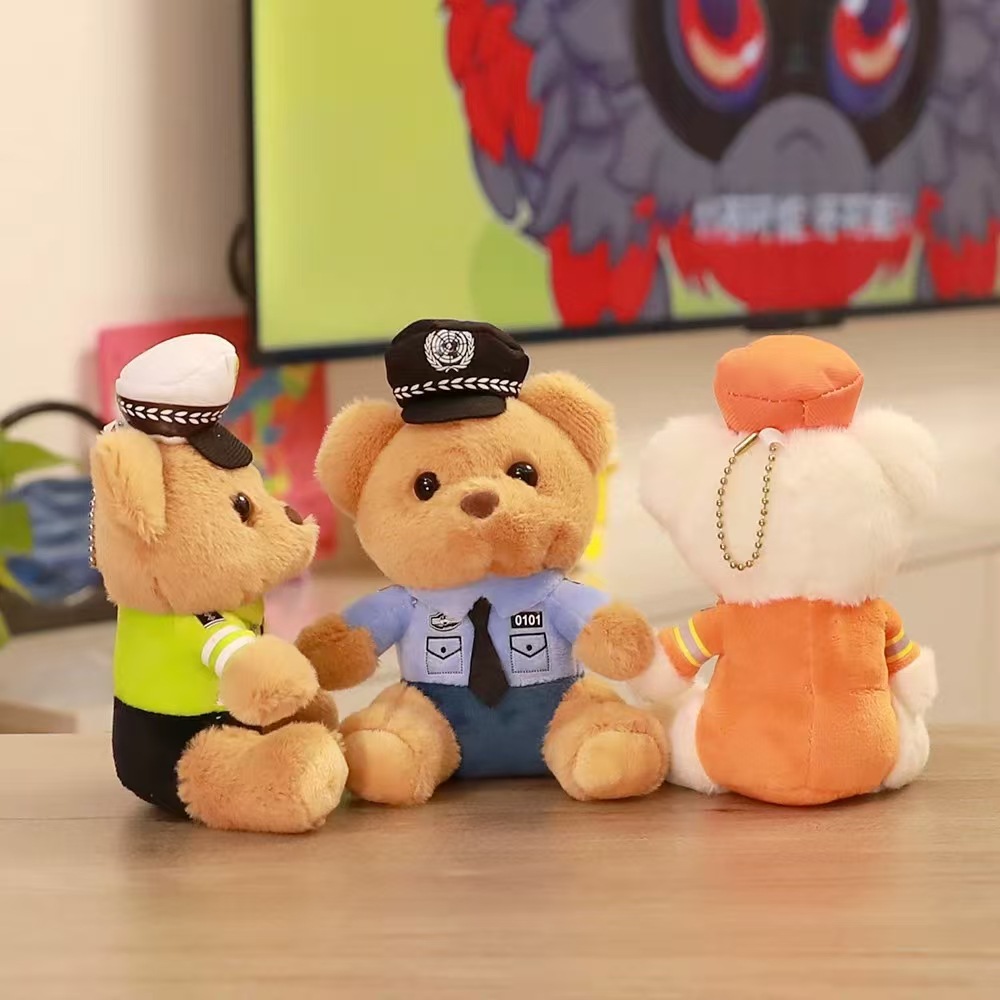 Cute and adorable traffic police bear pendant, plush toy doll, fire police bag, pendant, keychain doll pic 1