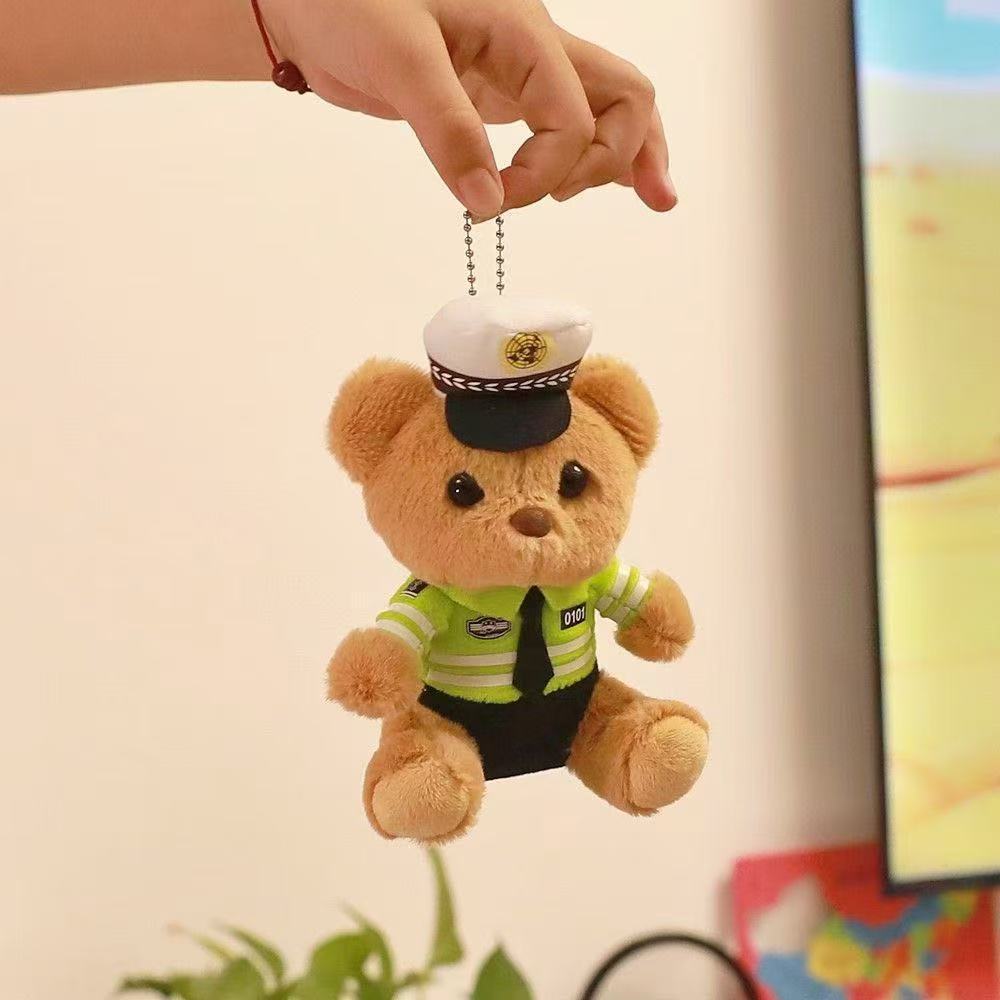Cute and adorable traffic police bear pendant, plush toy doll, fire police bag, pendant, keychain doll pic 5