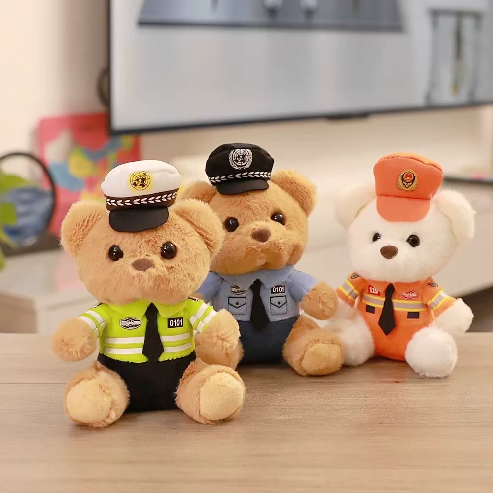 Cute and adorable traffic police bear pendant, plush toy doll, fire police bag, pendant, keychain doll pic 10
