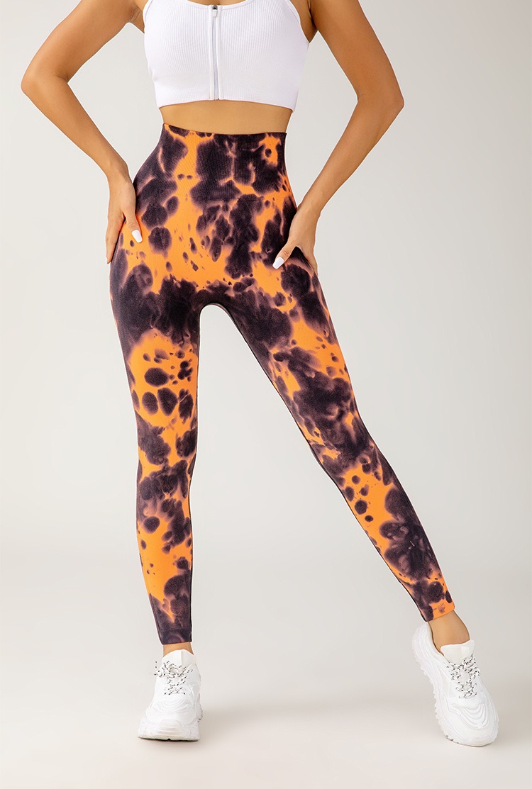 Custom-made tie-dyed sports and fitness pants, leg-tightening running and hip-lifting tight pants, belt-tightening high-elastic hand-painted yoga pants for women Item Picture
